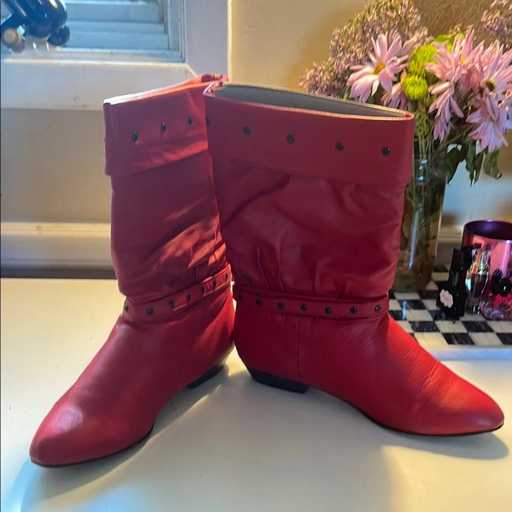 Vintage 1987 Leather Red Slouch Boots - Picture 3 of 13